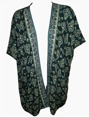 LOFT Paisley Open-Front Kimono in Teal & Black M/L